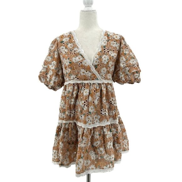 Just Me Daisy Embroidered Eyelet Puff Sleeve Tan Mini Dress Womens Small - Picture 1 of 8